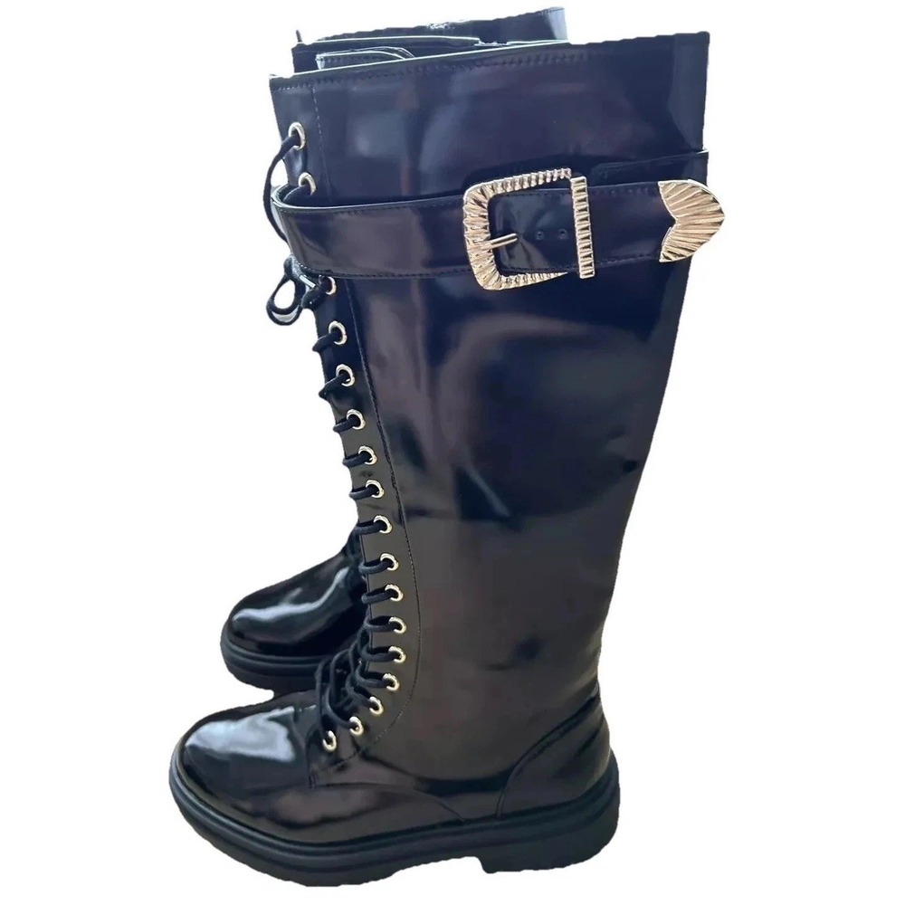 New Tall Black Boots 7.5 Lug Sole Faux Patent Leather Whimsigoth Grunge $179